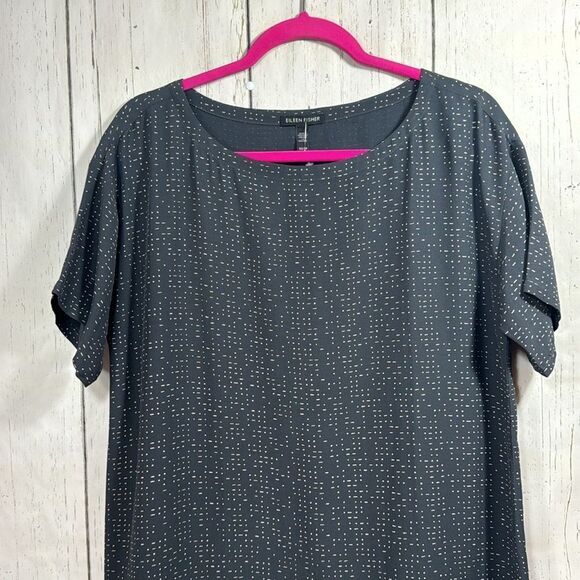 Eileen Fisher Gray Tencell Blend Morse Code Shift Short Sleeve Lightweight Dress - Picture 7 of 13
